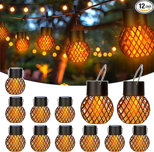 GIGALUMI 12 Pack Solar Lanterns for Outside,Solar Hanging Lights Outdoor Waterproof with Flickering Flame,Solar Powered Outdoor Lights Garden Decor for Yard,Patio,Tree,Camping,Festival Decoration