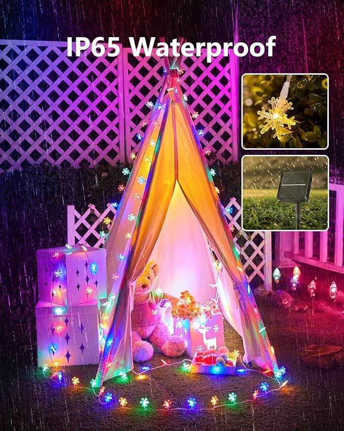 Brightown Solar Christmas Snowflake String Lights, 72FT 200 LED Outdoor Waterproof Fairy Lights with 8 Lighting Modes for Wedding, Party, Tree, Room, Garden, Patio, Yard, Home, Muliticolor