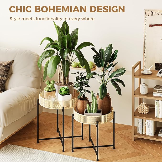 Bamworld Plant Stands Set of 2 Tall Plant Stand Indoor Rattan Plant Table for 5 Pots Plants Round Flower Stand Outdoor for Home Decor Balcony Patio