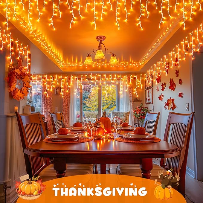 JMEXSUSS 800 LED Thanksgiving Icicle Lights for Outside, Orange Icicle Lights Outdoor with Remote, Thanksgiving String Lights Indoor Plug in for Fireplace Indoor House Roof Thanksgiving Decor