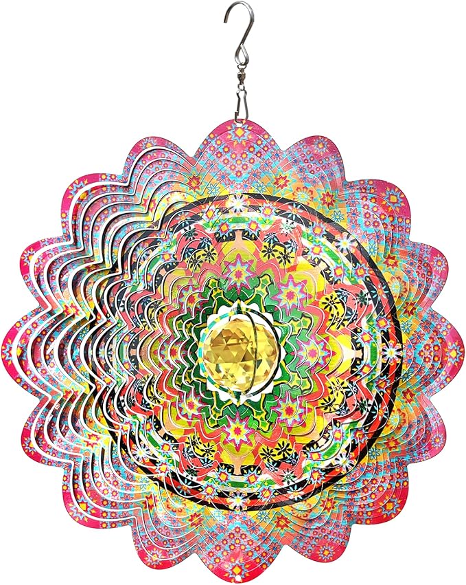 FONMY Mandala Wind Spinner w/Crystal Ball-Romatic Flower 3D Stainless Steel Hanging Spinners Worth Gift Christmas Decoration Indoor/Outdoor Garden Décor Kinetic Yard Art 12 Inches Wind Sculpture