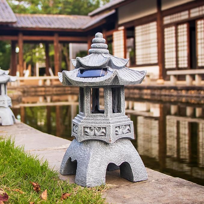 DIBIEECN Japanese Garden Decor Pagoda Garden Statue, Solar Patio Lights, Zen Landscape Lighting Garden Decor, Asian Outdoor Decor for Yard Backyard, Gifts for Women Mom