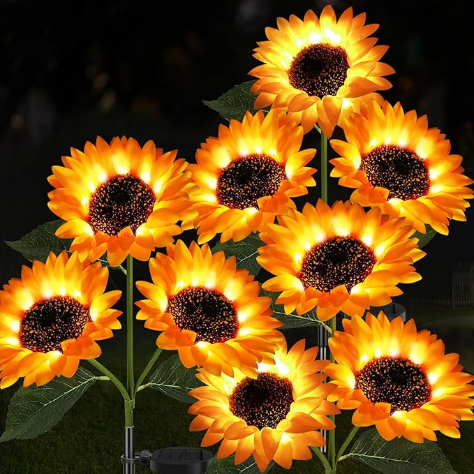 Garden Lights Solar Powered, 3 Pack Solar Outdoor Lights with 9 Bigger Sunflower Waterproof Realistic Solar Flowers Lights for Patio Pathway Walkway Landscape Yard Decorations