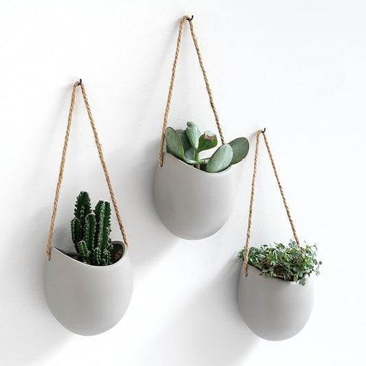 Wall Planters -Ellie- | Hanging Ceramic Plant Pots 3 Pieces | Wall Decoration for Indoors, Balcony and Garden | Light Grey (Matte)