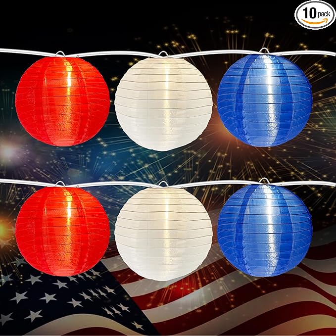 4th of July Decoration Lights, 25Ft Red White and Blue Lantern Lights with 11 LED Bulbs (1 spare bulbs), Hanging Patriotic Decor Lights for July 4th, Independence Day, Yard, Garden, Memorial Decor