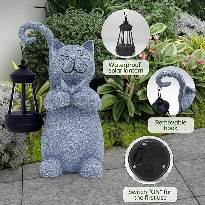 Cat Garden Statue Solar Lights Outdoor-Resin Cat Figurine for Garden Patio Balcony Porch Yard Decor, Halloween Decorations, Birthday Gifts for Women Mom Grandma, Cat Lover Housewarming Gifts