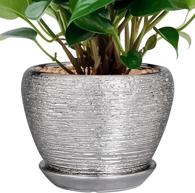 Ceramic Planter - 6 Inch Plant Pot Indoor with Drainage Hole and Saucer Outdoor Pot for Plants Round Decorative Planter Modern Mid-Century Flower Pot for Office Decor Silver