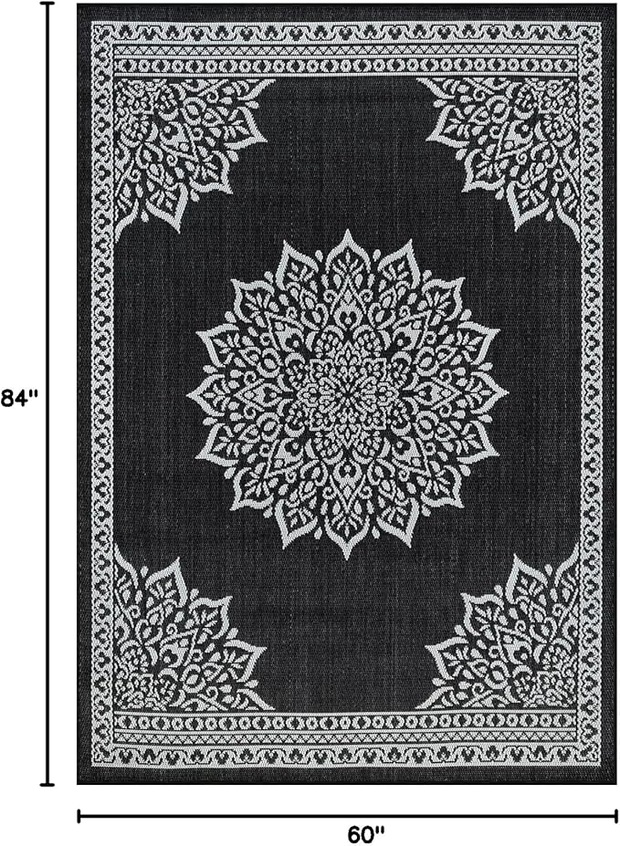 CAMILSON Outdoor Rug, 5x7 Medallion Black White Modern Area Rugs for Indoor and Outdoor Patios, Kitchen and Hallway Mats, Washable Porch Deck Outside Carpet (Medallion Black, 5 x 7)