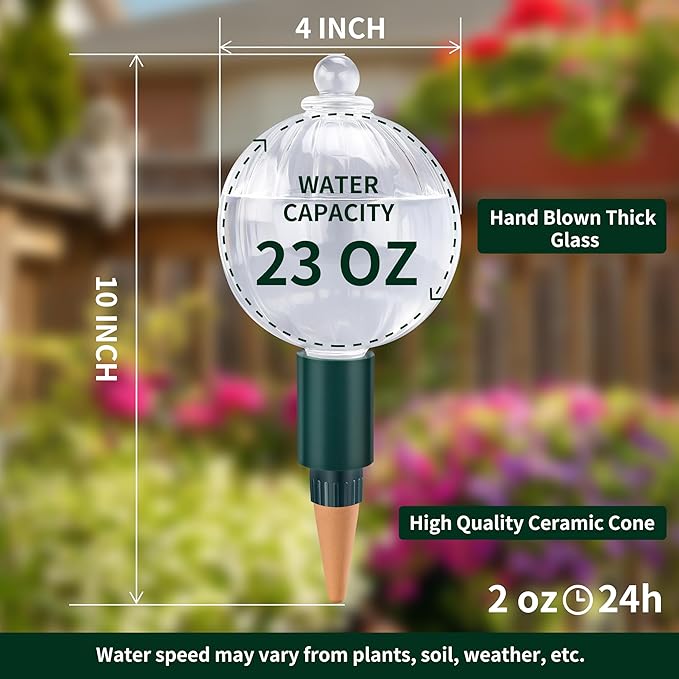 23 oz Extra Large Plant Watering Globes Top Fill, Clear Glass Water Bulbs with Terracotta Spikes Adapter, Slow Release Vacation Plant Watering Devices, Automatic Drip Irrigation, 2 Pack