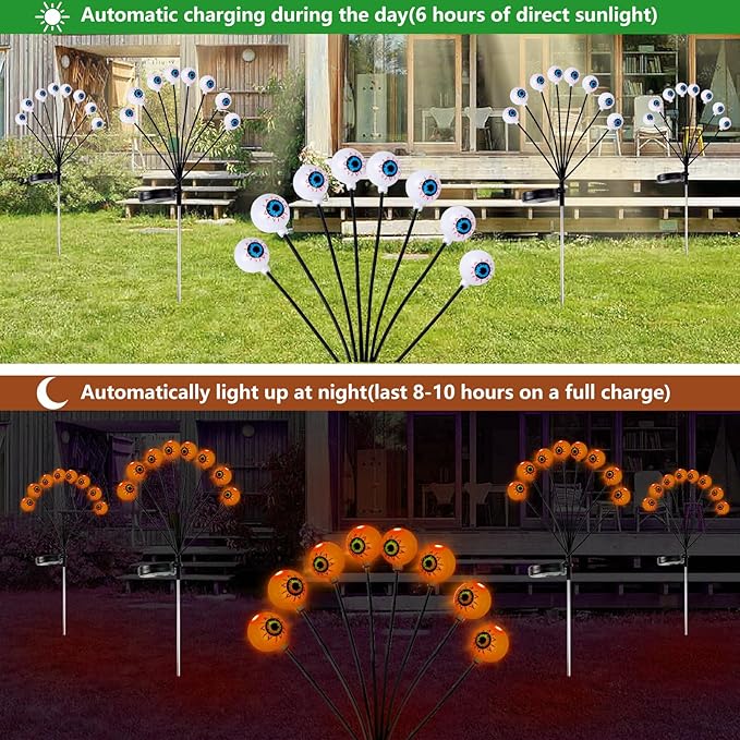 Halloween Decorations Outdoor Path Lights - 4 Packs 32LEDs Solar Halloween Eyebal Pathway Lights Swaying by Wind,Waterproof Solar Halloween Stake Lights for Garden Yard Porch Patio Pathway (Orange)