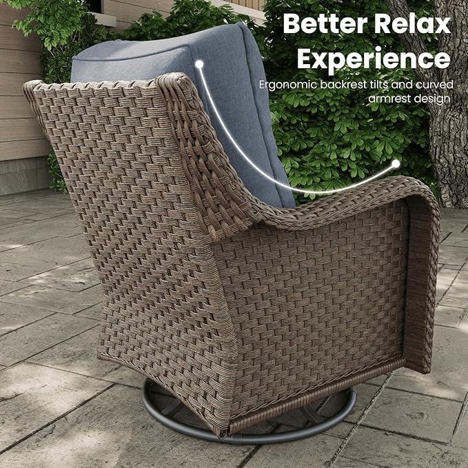 8 Pieces Outdoor Patio Furniture Sets with Rocking Swivel Chairs with 6-inch Thick Cushion and Fire Pit Table for Deck Lawn