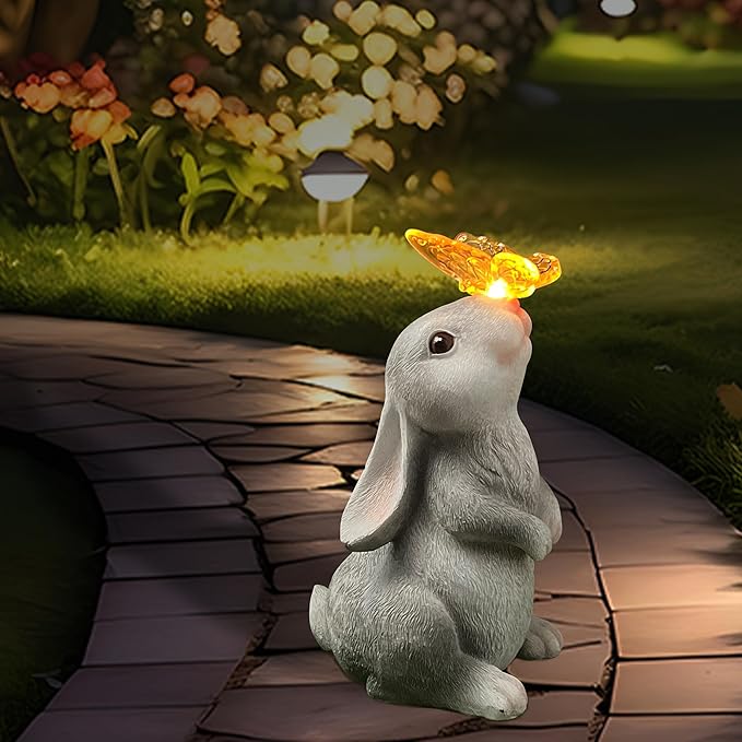 Bunny Outdoor Decor, Solar Rabbit Garden Statue, Cute Easter Gift Outside Lawn Ornaments for Patio Clearance Yard Porch, Housewarming Gift to Mom Women Birthday Mother's Day