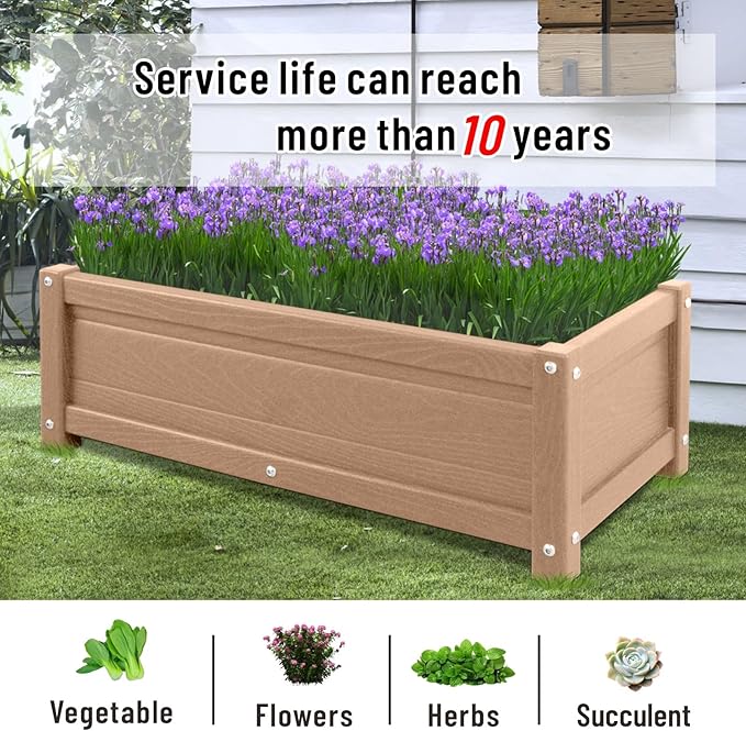 HDPE Raised Planter Box Outdoor,Rot-Resistant and Non-Cracking,Raised Beds for Gardening 29.5 * 14.4 * 9.8 in for Yard,Lawn,Outdoor Planter Boxes Rectangle with Drainage Holes Brown