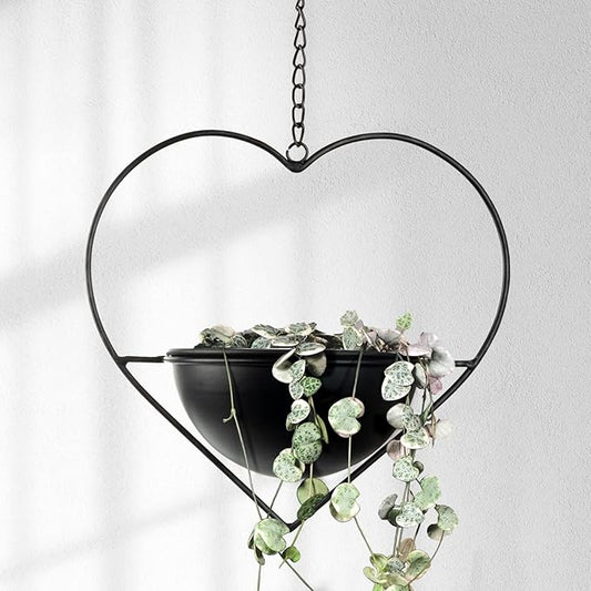 Hajia 1 Pack Heart Shaped Boho Hanging Plant Holder with 6inch Detachable Pot, Black Metal Wall Ceiling Plant Hanger for Indoor Outdoor, Minimalist Small Hanging Planter for Home Wedding Decor