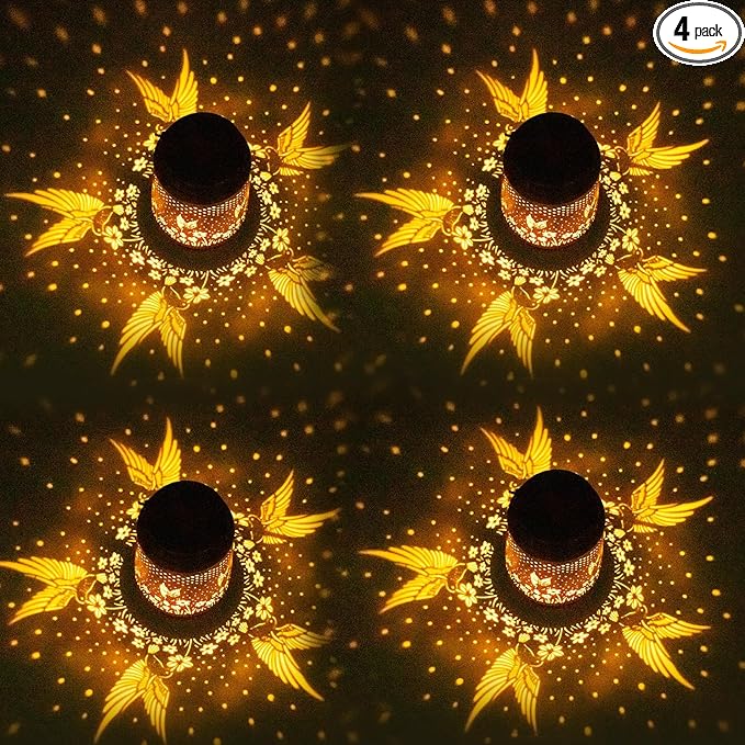 4 Packs Solar Lanterns Outdoor Hanging Lantern Lights, 4 Hummingbirds Hollowed-Out Metal Decor Lantern, Waterproof LED Decorative Garden Light Gifts