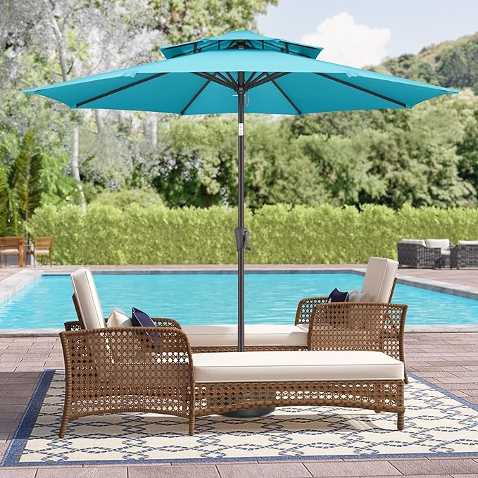9ft Outdoor Patio Umbrella - 2 Tiers Table Umbrella Waterprool UV Protection, Sombrillas de Patio with Push Button Tilt&Crank, Sun Umbrella for Pool, Porch, Garden, Backyard(Sky Blue)