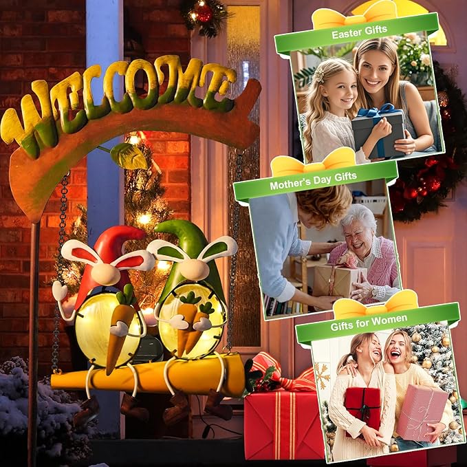 HONGLAND Solar Lights Outdoor Decor, Rabbit Swing Garden Decor, Funny Gardening Gifts for Women Mom, Gnomes Outdoor Decorations with Welcome Sign for Front Porch Patio