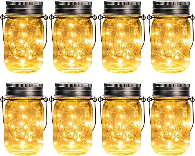 GIGALUMI Solar Mason Jar Lights, 8 Pack 30 Led String Fairy Lights Garden Lights Outdoor Waterproof Hanging Solar Lanterns for Outdoor, Garden, Patio, Lawn, Balcony Decoration