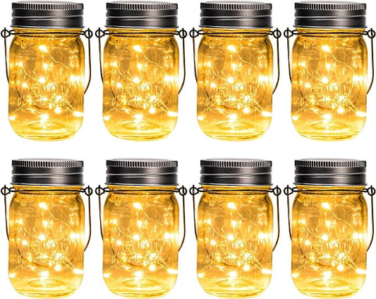 GIGALUMI Solar Mason Jar Lights, 8 Pack 30 Led String Fairy Lights Garden Lights Outdoor Waterproof Hanging Solar Lanterns for Outdoor, Garden, Patio, Lawn, Balcony Decoration