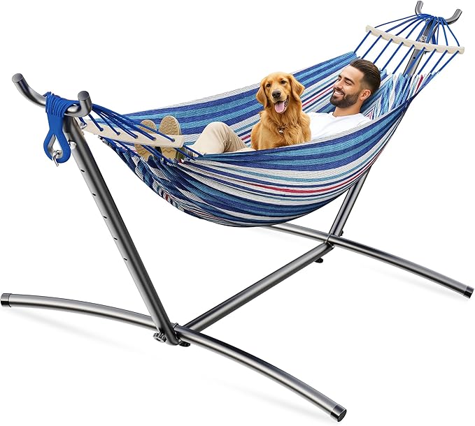 Double Hammock, Heavy Duty Portable, 500 lb Weight Capacity, Perfect for Both Indoors and Outdoors, 2 Person Hammock with Carrying Bag, Fine Blue