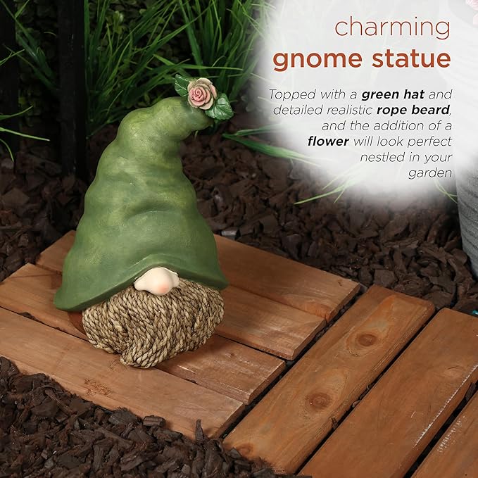 Alpine Corporation QWR1440 Gnome Head with Sculpted Rope Beard and Flower on Hat, Playful Décor for Garden & Patio, 10" H, Green