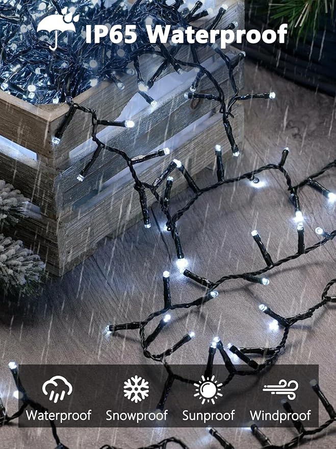 EEW 2-Pack 200 LED Solar String Lights for Outside, Solar Christmas Lights with 8 Lighting Modes, Waterproof Green Wire Solar String Lights Outdoor for Tree Xmas Party Garden Decorations (Cool White)