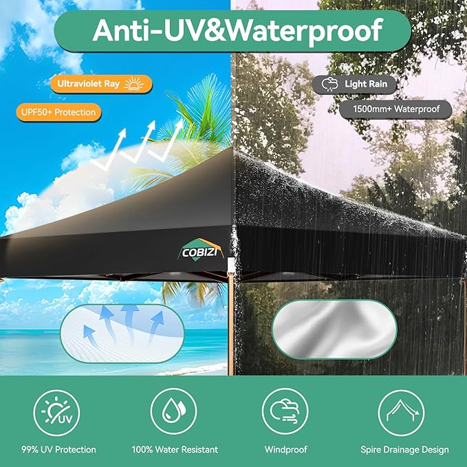 COBIZI 10x15 Pop Up Canopy Tent Heavy Duty with Sidewall, Commercial Outdoor Easy Pop Up Gazebo for Party Wedding All Weather Waterproof UV 50+ with Roller Bag(Leg Upgraded),Black