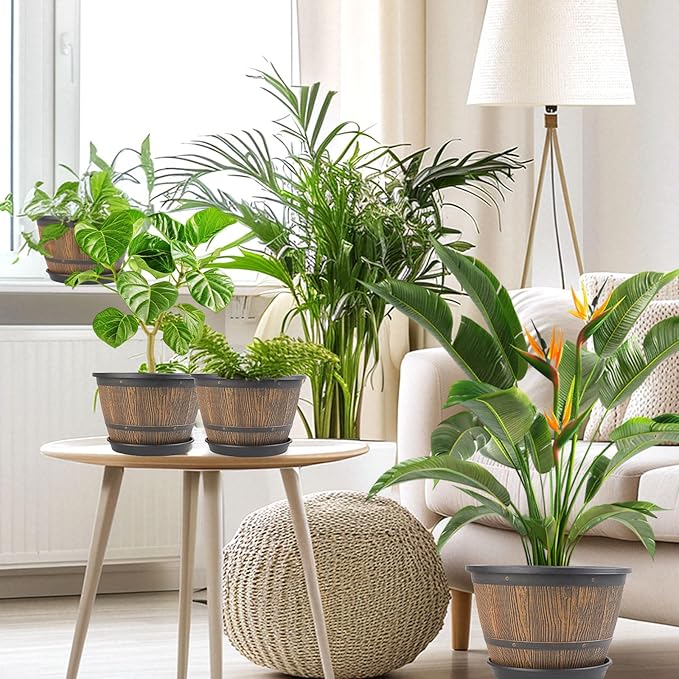 10-inch-Plant-Pots-Indoor-Outdoor, 4 Pack Whiskey Barrel Planters with Drainage Holes & Saucer, Plastic Flower Pots Imitation Wine Barrel Design, Decorative Garden Pots for Plants