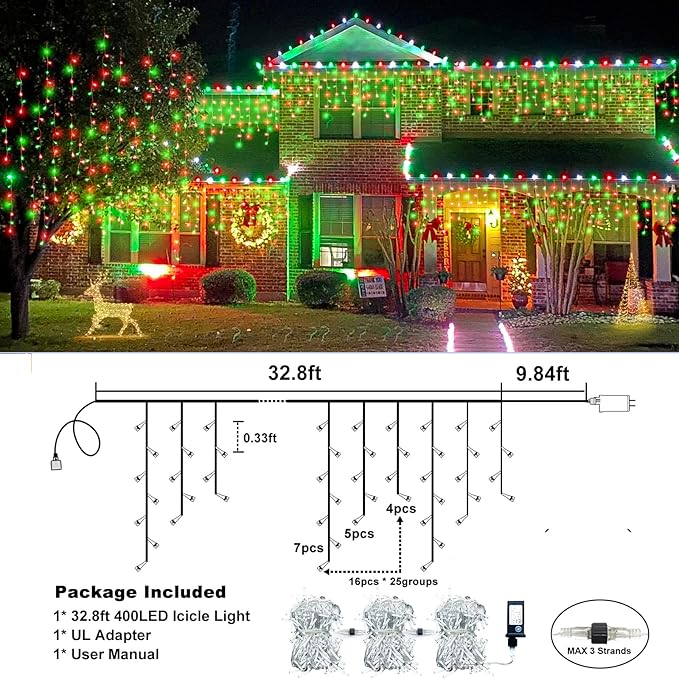 Icicle Lights for Outside, 33FT 400 LED Christmas Lights Outdoor with Waterproof 8 Modes, Plug in Connectable String Twinkle Light for Indoor Roof Window Garden Fence Party Decorations, Red Green