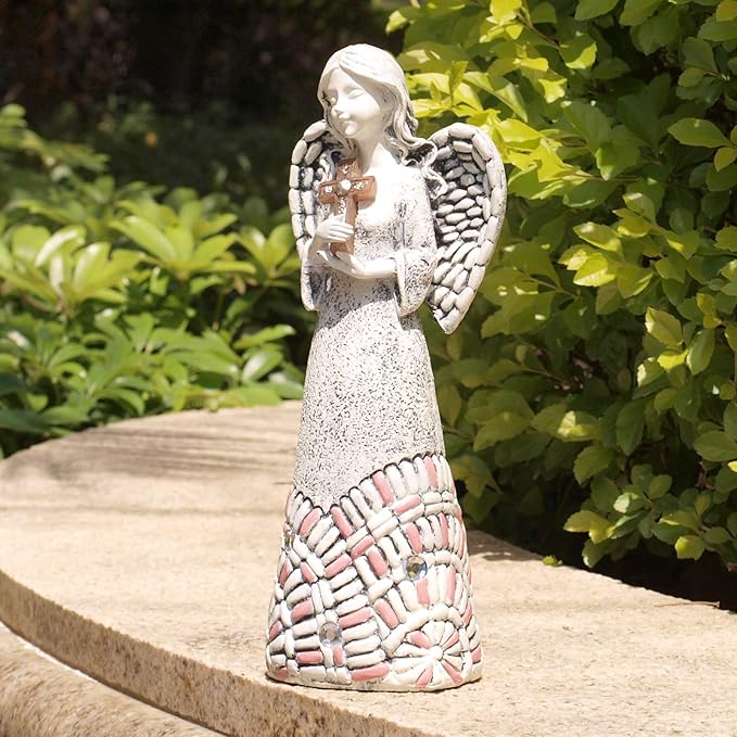 Angel Garden Statues Outdoor Solar Decor Gifts for Women Cross Praying for Cemetery Backyard Lawn Yard Decoration（10.24inch）