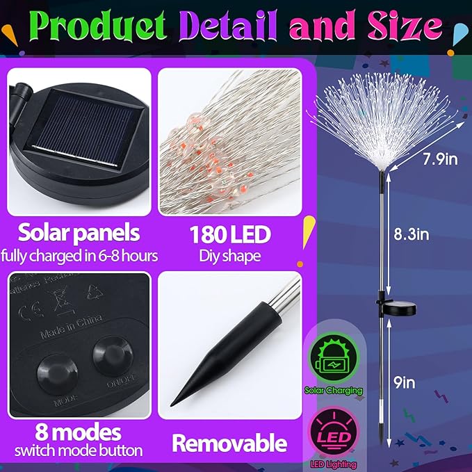 4th of July Decorations Outdoor 4 Pack Solar Power Yard Firework Lights Patriotic Garden Waterproof Solar Lights with 180 LED 8 Modes for Independence Day Party Decoration(Green, Yellow, Purple)