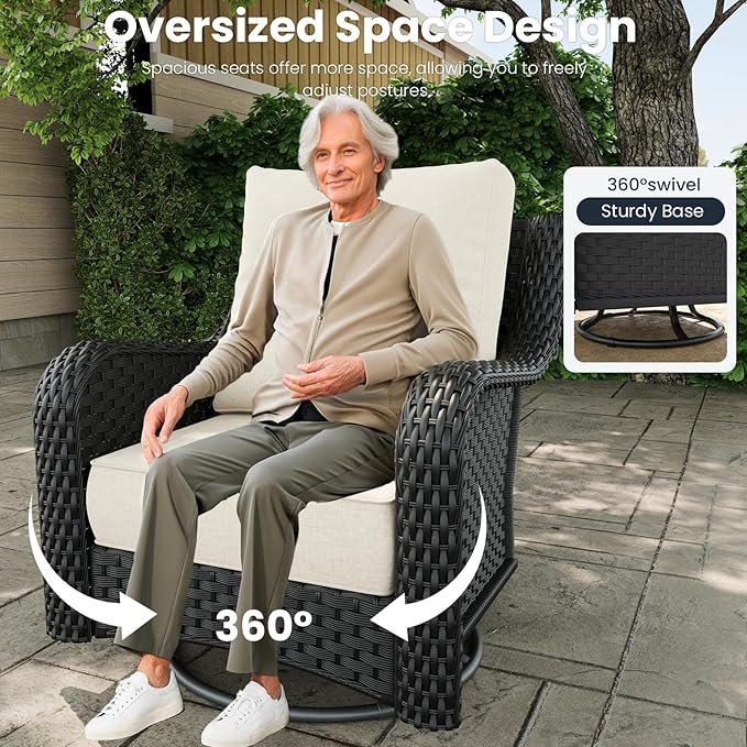 5 Pieces Outdoor Patio Furniture Sets with Rocking Swivel Chairs with 6-inch Thick Cushion and Fire Pit Table for Deck Lawn