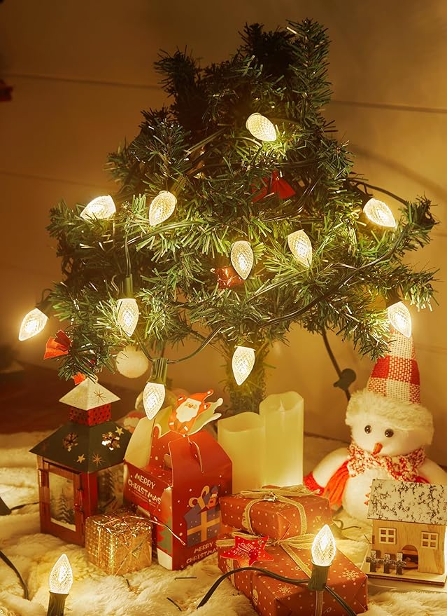 C7 LED Lights Warm White Christmas Lights Outdoor, 100FT C7 Christmas String Lights with 100 Plastic Bulbs, Traditional Hanging Holiday Lights for Christmas Tree Patio Fence Roofline Xmas Decorations