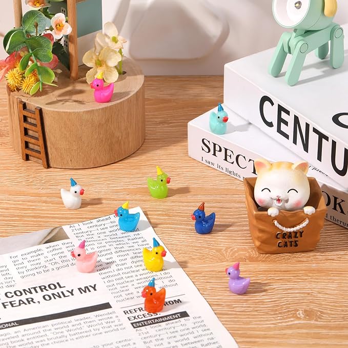 100 Pack Mini Resin Ducks, Multicolor Mini Ducks Wearing Party Hat, Tiny Duck Miniature Duck Figures Tiny Home Ornament for Micro Landscape Dollhouse Garden Aquarium Potted School Office