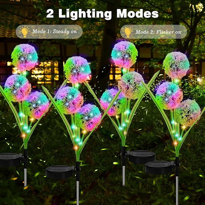 4 Pack Solar Garden Lights, Solar Flowers Lights with 4 Blooming Dandelion Flowers, Waterproof Solar Lights Outdoor for Yard Porch Patio Backyard Pathway Gardening Gifts, 2 Lighting Modes