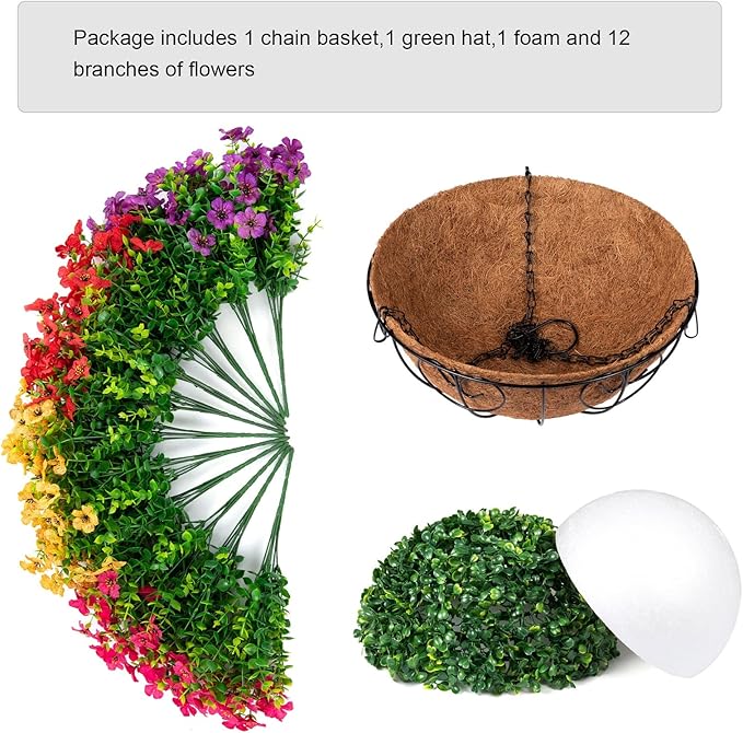 Artificial Faux Hanging Plants Flowers Basket for Summer Outdoor Outside Decoration, Fake Silk UV Sun Resistant Look Real Colorful Daisy Eucalyptus for Porch Home Patio Balcony Yard