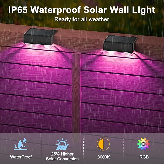 Ellasay Solar Fence Lights Outdoor: IP65 Waterproof RGB Solar Powered with 8 Lighting Modes - Wall Decor for Garden Patio Backyard Balcony Porch 2 Pack