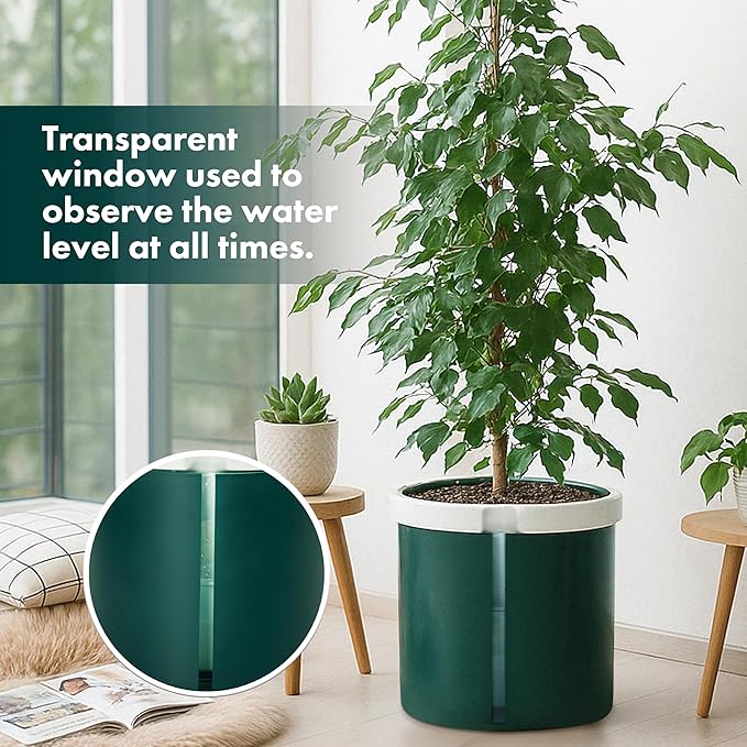 D'vine Dev 10 Inch Design Self Watering Planter for Indoor Plants, White Terracotta Pot with Teal Cylinder Glass Cup, 37-X-D-5