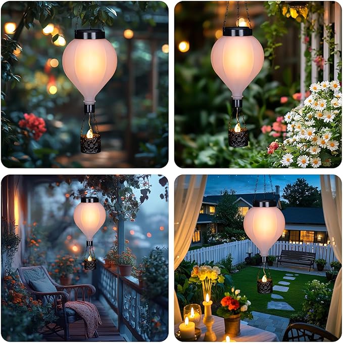 Hanging Solar Lantern Outdoor Garden Decor Hot Air Balloon Lantern with Flickering Flame Gifts for Women Grandma Mom Outdoor Hanging Light Solar Decorative Lamp for Garden Patio Yard and Home