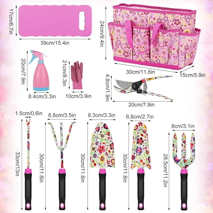 Gardening Tools Set, 10 PCS Stainless Steel Heavy-Duty with Non-slip Soft Rubber Handle with Large Garden Bag, Floral Pattern Gardening Tool Set Gifts for Women Birthday Mother's Day, Pink