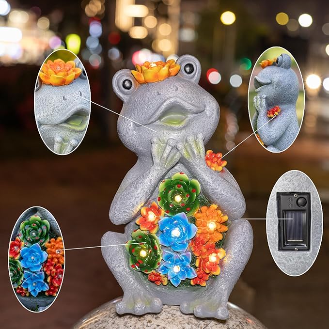 Frog Solar Figurine Light Statue Outdoor Gardening Gifts Decoration Garden Frogs Yard Decor Lamp With 8 Led Lights And Succulent Waterproof Patio Lawn Decor Housewarming Frog Gifts For Women