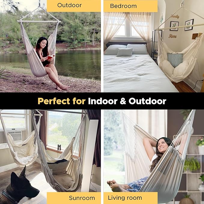 ADVOKAIR Hammock Chair Hanging Chair Rope Swing XXL - Max 500lbs, 70in Large Hammock Swing Chair -Portable Steel Spreader Bar with Anti-Slip Rings-Roomy & Strong