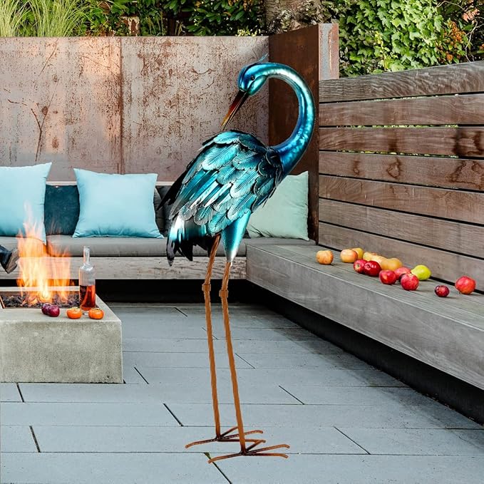 Chisheen Crane Metal Outdoor Blue Heron Sculpture Large Garden Heron Decoy Bird Statue Lawn Ornament for Backyard Pond Patio Porch Outside Decoration