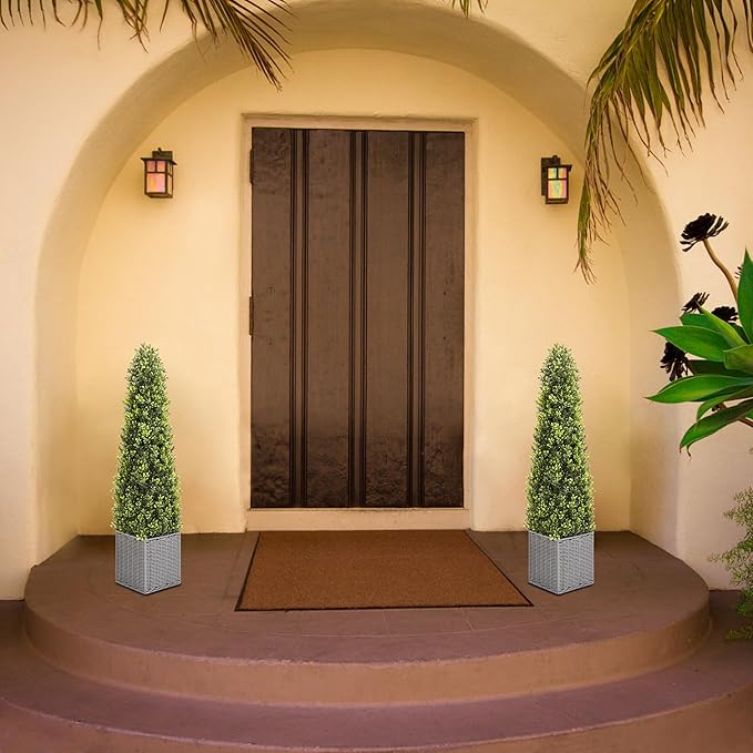 48 Inch Artificial Boxwood Outdoor Topiary Tree Set of 2, 4FT Potted Boxwood Tree Cone Topiary Artificial Plant Shrub for Front Porch Home Office Decor…