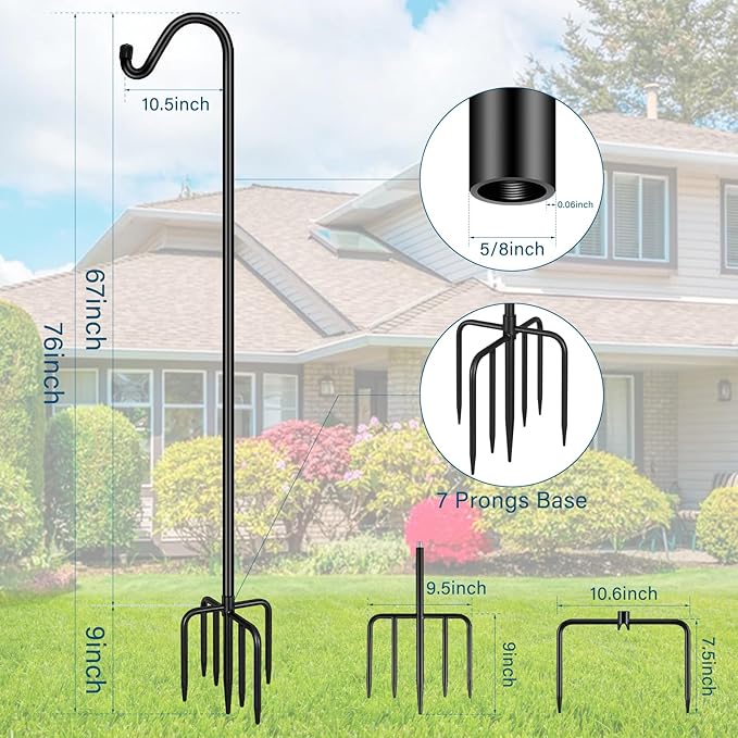 Gtongoko Adjustable Shepherds Hooks for Outdoor 76 Inch Bird Feeder Pole with 7 Prongs Base, 5/8 Inch Thick Heavy Duty for Hanging Bird Feeder, Plant Baskets,1 Pack