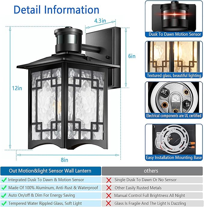 Dusk to Dawn Motion Sensor Light, Outdoor Light Fixture, Aluminum Wall Sconce Lighting, Front Porch Light, Exterior Lights for House Patio, Outside Lights, Wall Mount Anti-Rust Lantern