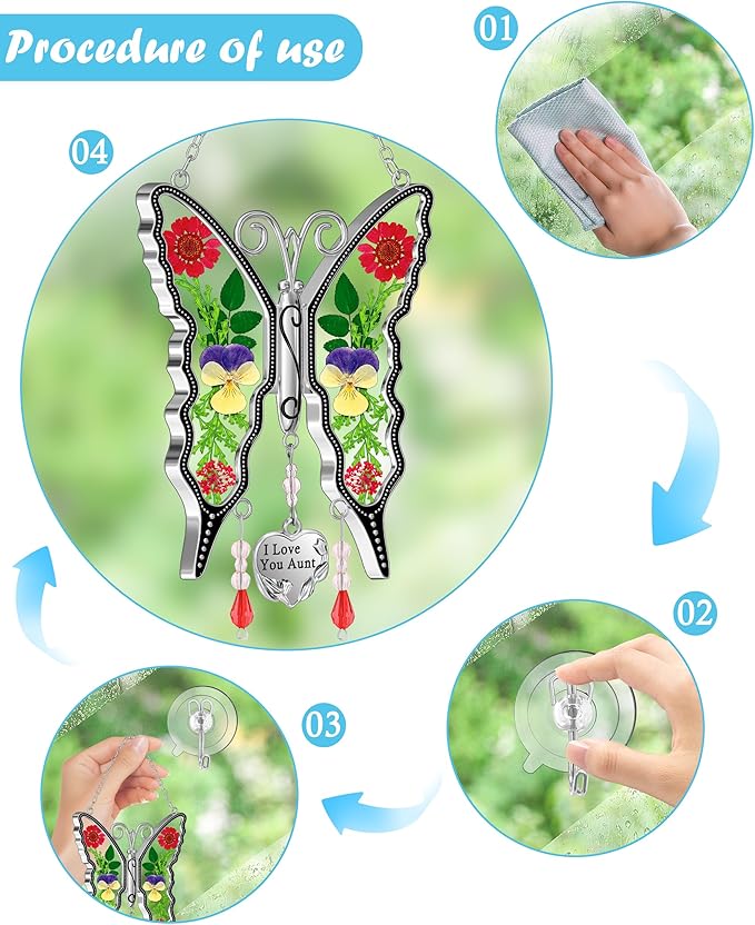 KY&BOSAM I Love You Aunt Butterfly Suncatcher for Windows Gifts for Aunt Pressed Flower Between Wings Glass Metal Engraved Charm Gifts for Aunt Mother's Day Valentine's Birthday Thanksgiving Christmas