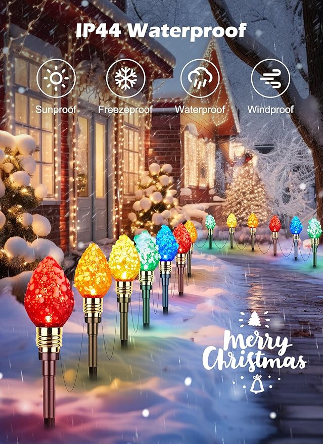 2 Pack Strawberry C9 Christmas Pathway Lights Outdoor - Total 34.8 Feet 20 LED Christmas Walkway Lights, Colored Bulb Christmas Lights Outdoor Decorations for Yard Lawn Holiday Outside, Multicolor