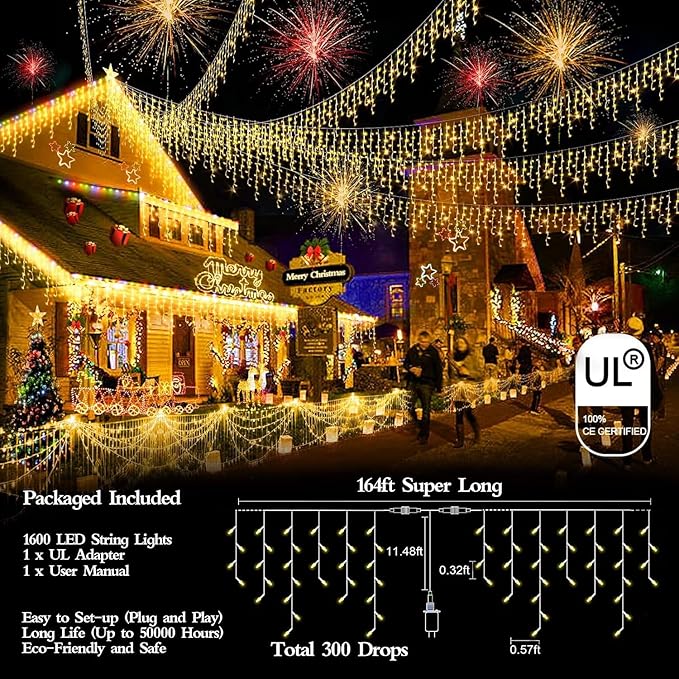 1600 LED 164FT Outdoor Christmas Lights Plug in 8 Modes with Timer Dimmable Christmas Decorations Waterproof Indoor Curtain String Lights for Roof Porch Garden Holiday Wedding Party Decor Warm White