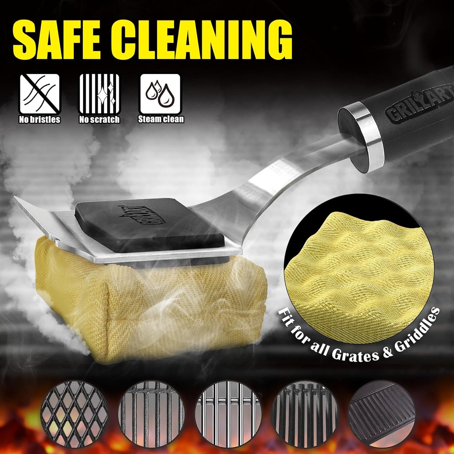 GRILLART Grill Brush for Outdoor Grill Bristle Free - Reinforced Grill Cleaner Scraper BBQ Brush - Replaceable Head Barbecue Grill Cleaning Brush - Safe BBQ Accessories Grill Tools - Gifts for Men/Dad